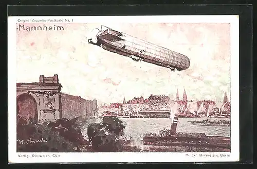 Künstler-AK Mannheim, Zeppelin über der Stadt, Reklame Stollwerck