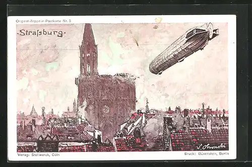 Künstler-AK Strasseburg, Zeppelin über der Stadt, Reklame Stollwerck