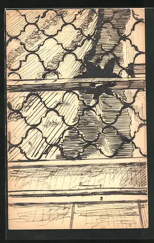Künstler-AK Handgemalt: Butzenscheibenfenster mit Fensterbank