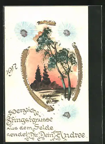 Papierkunst-AK Seelandschaft im Abendrot, flankiert von Papierblüten