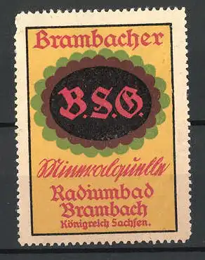 Reklamemarke Brambacher Mineralquelle, Tafelwasser des Königreich Sachsens, Firmenlogo