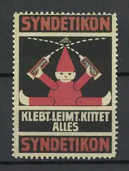 Reklamemarke Syndetikon klebt, leimt, kittet alles, Hampelmann mit Tuben