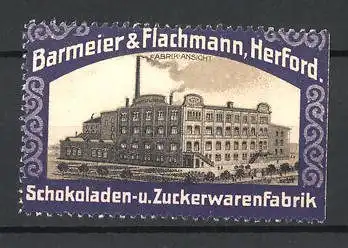 Reklamemarke Schokoladen- und Zuckerwarenfabrik Barmeier & Flachmann, Herford, Ansicht der Fabrik