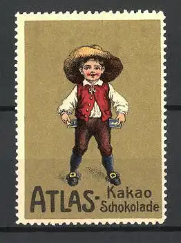 Reklamemarke Atlas Kakao & Schokolade, Knabe mit Schokoladentafeln in den Hosentaschen