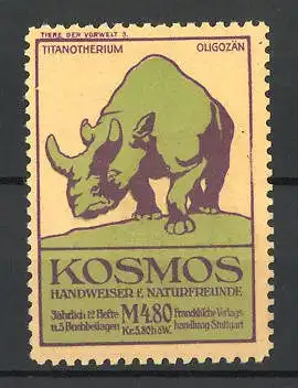 Reklamemarke Kosmos Handweiser f. Naturfreunde, Serie Tiere der Vorwelt 3, Titanotherium Oligozän, Dinosaurier
