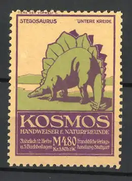 Reklamemarke Kosmos Handweiser f. Naturfreunde, Serie Tiere der Vorwelt 3, Stegosaurus, Untere Kreide, Dinosaurier