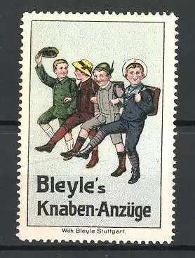 Reklamemarke Bleyle's Knaben-Anzüge, Schuljungen laufen vergnügt mit ihren Schulranzen