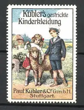 Reklamemarke Kübler's gestrickte Kinderkleidung, Paul Kübler, Stuttgart, Kinderpaar mit einem Schaf am Feldrand