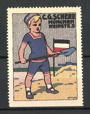 Künstler-Reklamemarke Moos, C. G. Scherr, Weinstr. 5, München, Knabe mit Schaufel und Flagge am Strand