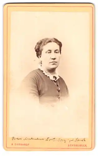 Fotografie A. Ehrhardt, Schönebeck, Salzerstr. 24, Portrait hübsche Dame mit Brosche am Rüschenkragen