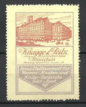 Reklamemarke Gross-Etablissement für Herren- und Knabenmode Knagge & Peitz, Färbergraben 2, 3 und 3a, München