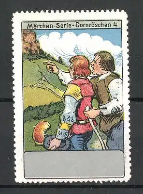 Reklamemarke Märchen-Serie Dornröschen, Bild 4, Prinz blickt zur Burg