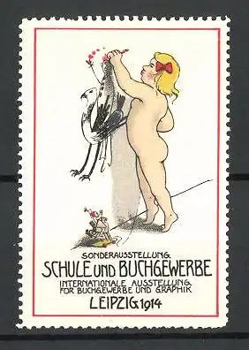 Reklamemarke Leipzig, Sonderausstellung f. Schule und Buchgewerbe 1914, nacktes Mädchen malt an eine Wand