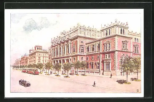 Künstler-AK Wien, Schottenring mit Börsengebäude und Strassenbahn