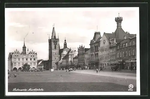 AK Leitmeritz / Litomerice, Marktplatz mit Stadtkirche und Kelchhaus
