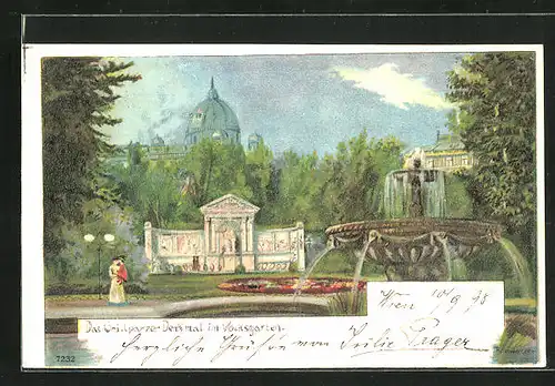 Künstler-AK Wien, Grillparzer-Denkmal und Springbrunnen im Volksgarten