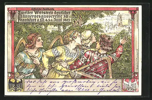 Künstler-AK Frankfurt / Main, 2. Wettstreit deutscher Männergesangsvereine 1903, Sänger mit Harfen blicken auf die Stadt