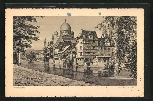 Künstler-AK Nürnberg, Insel Schütt mit Synagoge