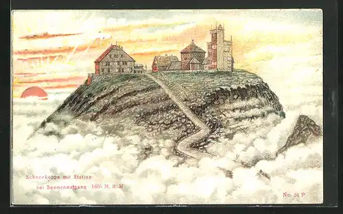 Lithographie Schneekoppe mit Station bei Sonnenaufgang