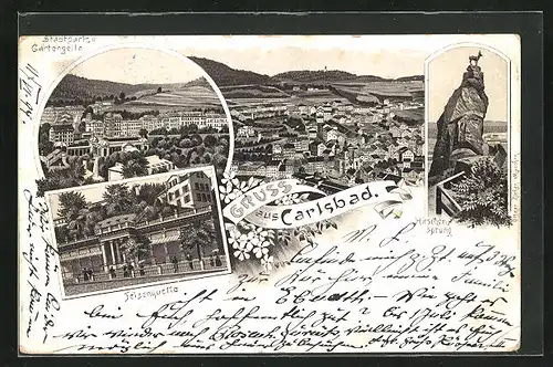 Vorläufer-Lithographie Carlsbad, 1894, Felsenquette, Stadtpark & Gartenzeile, Hirschensprung, Totale