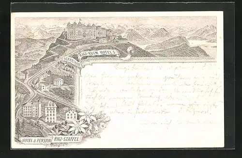 Vorläufer-Lithographie Rigi-Kulm, 1895, Schreiber's Hotels, Hotel-Pension Rigi-Staffel