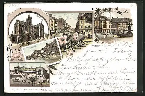 Vorläufer-Lithographie Metz, 1895, Römerstrasse, Cathédrale, Felsenbäder, Bahnhof