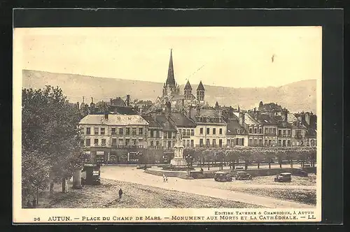 AK Autun, Place du Champ de Mars, Monument et la Cathédrale