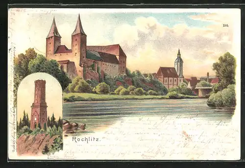 Lithographie Rochlitz, Denkmal und Teilansicht mit Kirche & Schloss