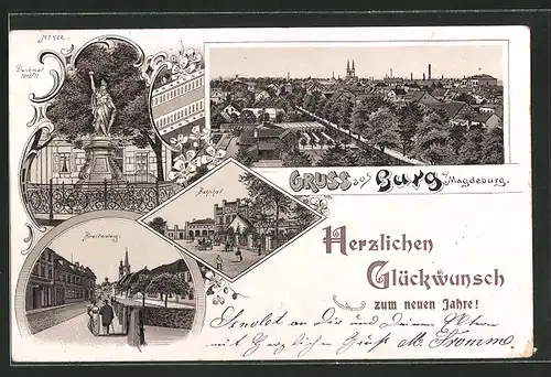 Lithographie Burg / Magdeburg, Bahnhof, Strassenblick in den Breiteweg, Denkmal 1870/71