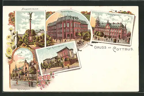 Lithographie Cottbus, Kreishaus, Realschule, Hauptpost, Siegesdenkmal