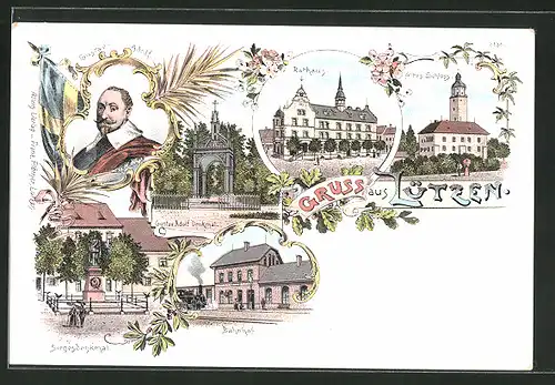 Lithographie Lützen, Bahnhof, Rathaus, Altes Schloss