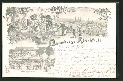 Lithographie Naumburg, Volksfest Kirschfest anno 1432 und um 1900