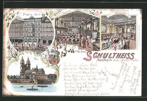 Lithographie Magdeburg, Gasthaus Schultheiss, Innenansicht vom Restaurant, Dom mit Dampfer