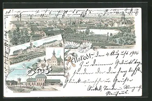 Lithographie Allstedt, Schloss Allstedt, Rathaus, Bahnhof, Totalansicht der Stadt