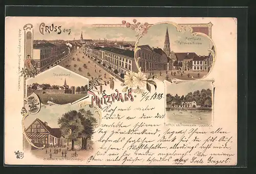 Lithographie Pritzwalk, Hainholz mit Försterhaus, Marktplatz mit Rathaus und Kirche, Stadtmauer