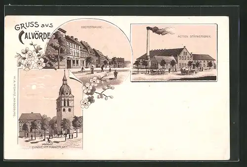 Lithographie Calvörde, Actien Stärkefabrik, Breitestrasse, Kirche mit Marktplatz