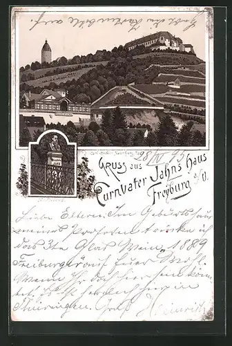 Vorläufer-Lithographie Freyburg a. U., 1895, Jan-Denkmal, Blick zum Schloss