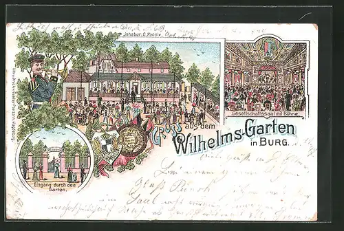 Lithographie Burg / Anhalt, Gasthaus Wilhelm-Garten, Gesellschaftssaal mit Bühne