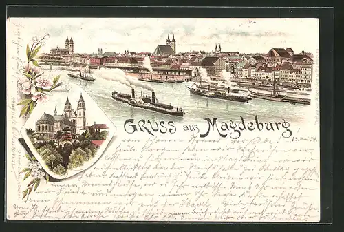 Vorläufer-Lithographie Magdeburg, 1894, Panorama mit Dom und Dampfer