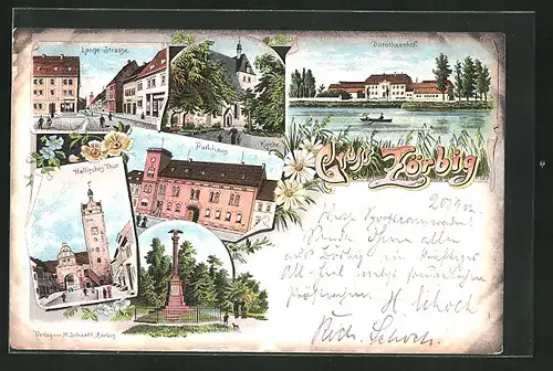 Lithographie Zörbig, Langestrasse, Dorotheenhof, Rathaus, Kirche, Hallisches Tor