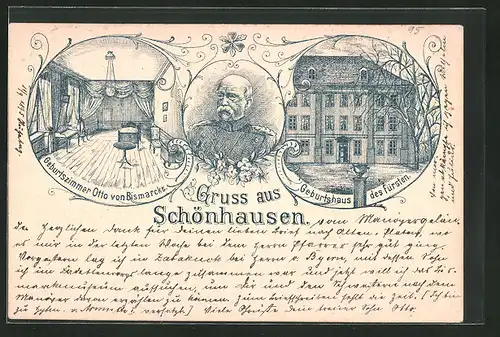 Vorläufer-Lithographie Schönhausen, 1895, Geburtshaus und Geburtszimmer von Otto von Bismarck