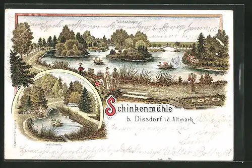 Lithographie Diesdorf / Altmark, Teichanlagen am Gasthaus Schinkenmühle mit Goldfischteich