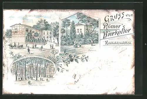 Lithographie Neuhaldensleben, Spinne, Gasthaus Römer`s Bierkeller, Konzertplatz u. Veranda