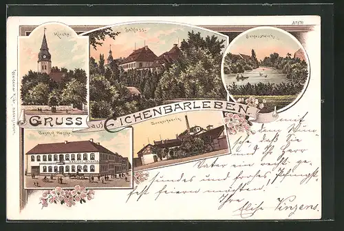 Lithographie Eichenbarleben, Gasthof Wesche, Schloss, Zuckerfabrik