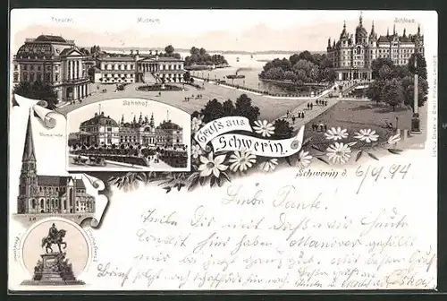 Vorläufer-Lithographie Schwerin, 1894, Ortspartie mit Theater, Museum und Schloss, Bahnhof