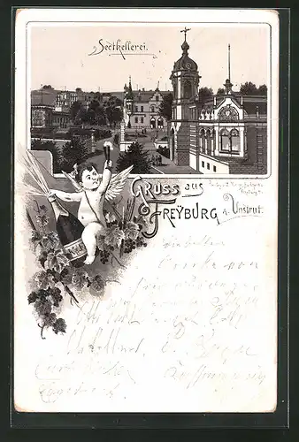 Vorläufer-Lithographie Freyburg / Unstrut, 1895, Blick auf die Sectkellerei, Engel