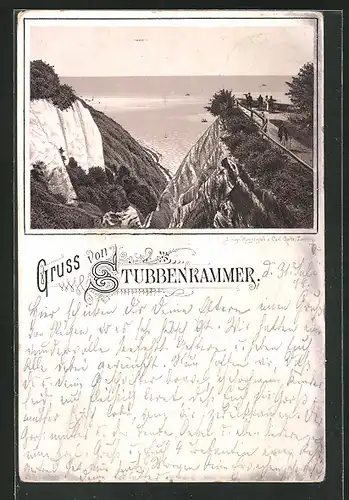 Vorläufer-Lithographie Stubbenkammer, 1894, Küstenpartie mit Blick auf das Meer