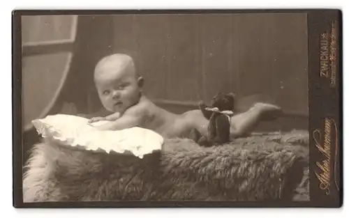 Fotografie Atelier Neumann, Zwickau i. S., Kasernenstr. 2, Portrait Kleinkind nackt auf einem Fell mit Teddybär
