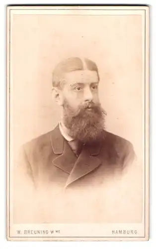 Fotografie W. Breuning w we, Hamburg, Berg-Strasse 26, Mann mit vollem Bart und geradem Scheitel portraitiert