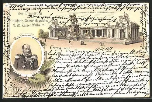 Lithographie Würzburg, 100 jährige Geburtstagsfeier von Kaiser Wilhelm I., National-Denkmal
